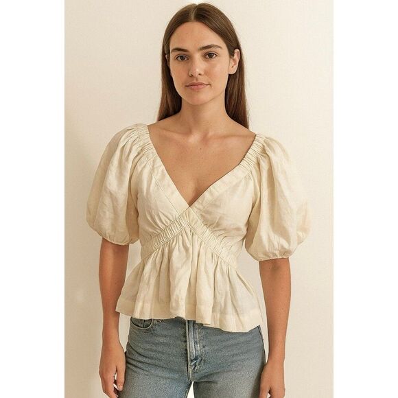 Abercrombie & Fitch Linen Blend Peplum Top Dainty Boho Cottage Peasant Chic - Picture 2 of 11